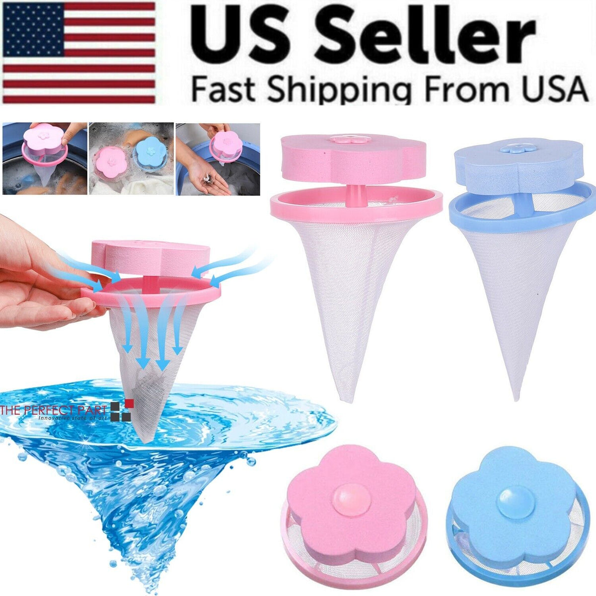 Reusable pet hair laundry catcher 2-pack in blue and pink